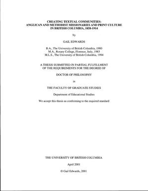Creating textual communities: Anglican and Methodist missionaries and print culture in British Columbia, 1858-1914