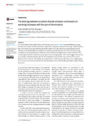 The time lag between a carbon dioxide emission and maximum warming increases with the size of the emission
