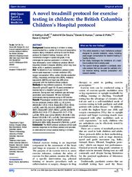 A novel treadmill protocol for exercise testing in children: the British Columbia Children's Hospital protocol